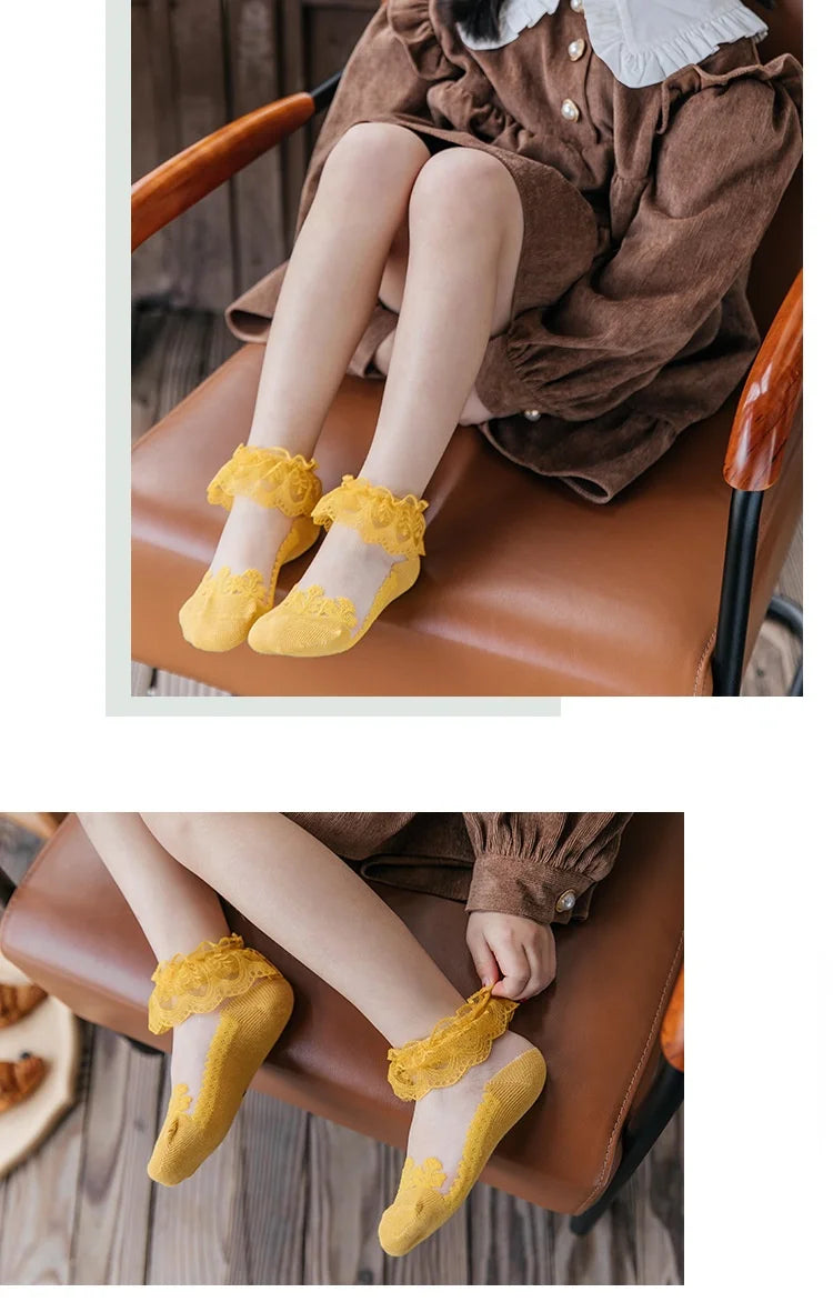 Summer Baby Girls 0-8 Y Ruffle Lace Ultra-Thin Crystal Sheer Socks Kids Girls Princess Ankle Frilly Lace Invisible No Show Socks