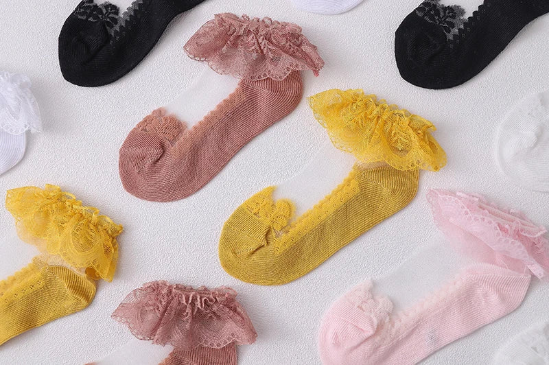 Summer Baby Girls 0-8 Y Ruffle Lace Ultra-Thin Crystal Sheer Socks Kids Girls Princess Ankle Frilly Lace Invisible No Show Socks