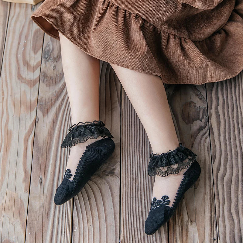 Summer Baby Girls 0-8 Y Ruffle Lace Ultra-Thin Crystal Sheer Socks Kids Girls Princess Ankle Frilly Lace Invisible No Show Socks