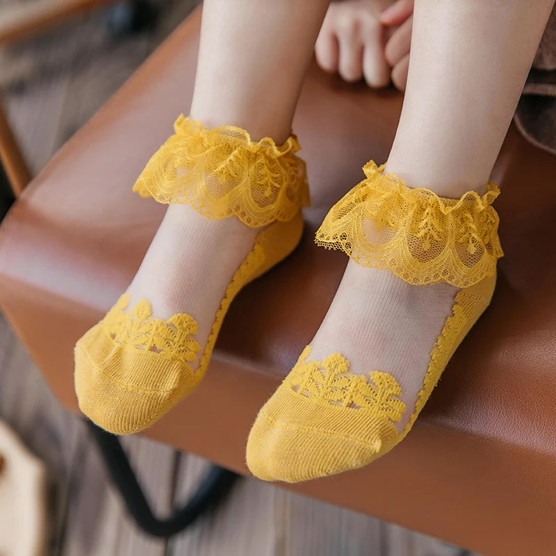 Summer Baby Girls 0-8 Y Ruffle Lace Ultra-Thin Crystal Sheer Socks Kids Girls Princess Ankle Frilly Lace Invisible No Show Socks