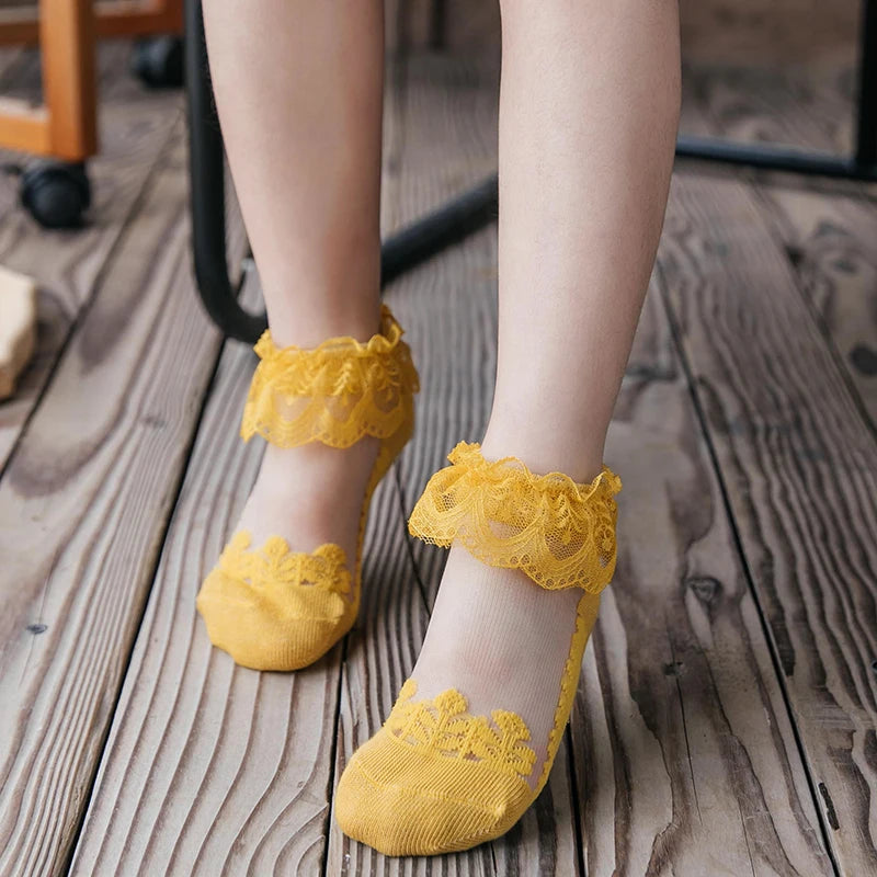 Summer Baby Girls 0-8 Y Ruffle Lace Ultra-Thin Crystal Sheer Socks Kids Girls Princess Ankle Frilly Lace Invisible No Show Socks