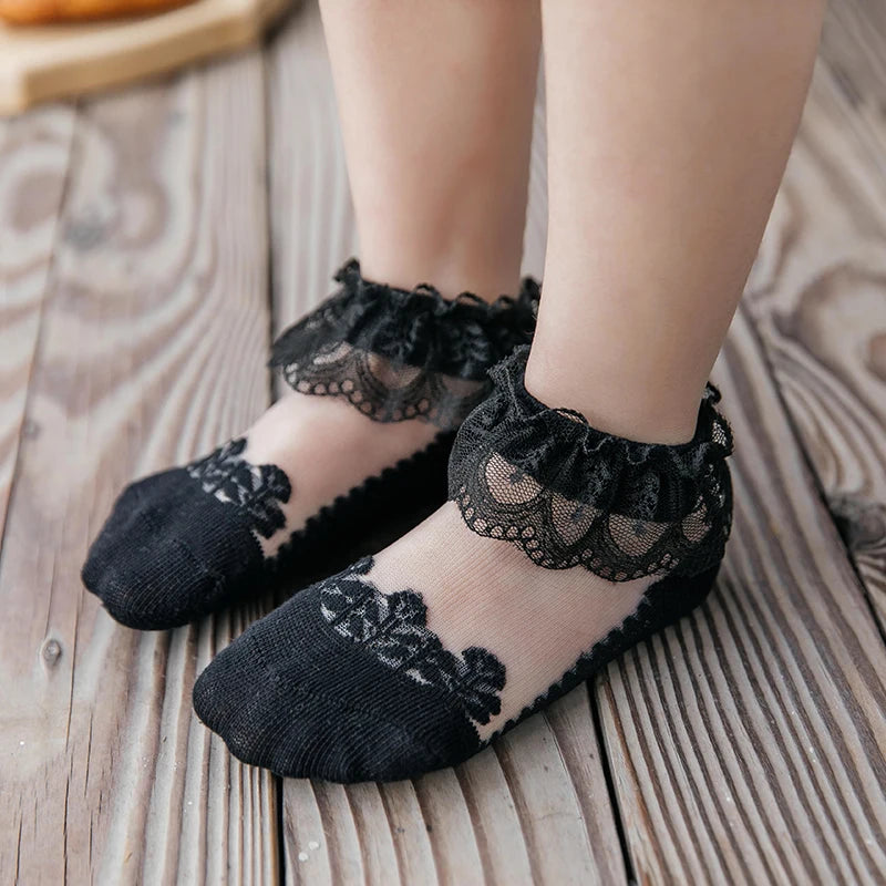 Summer Baby Girls 0-8 Y Ruffle Lace Ultra-Thin Crystal Sheer Socks Kids Girls Princess Ankle Frilly Lace Invisible No Show Socks
