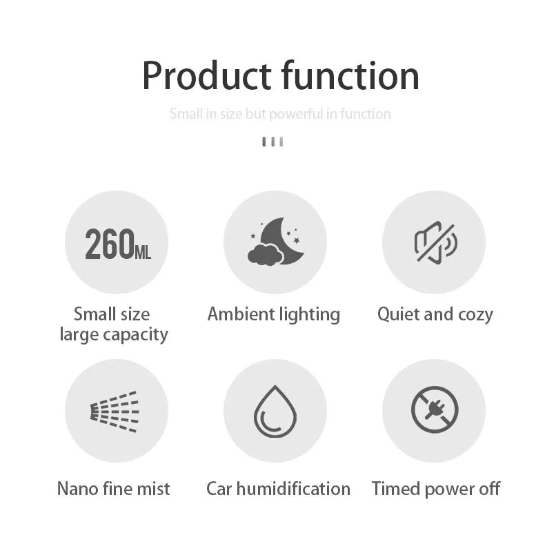 Humidifier Diffuser For Car Small 260ml Air Humidification Led Light Aromatherapy Machine Home Bedroom Big Spray
