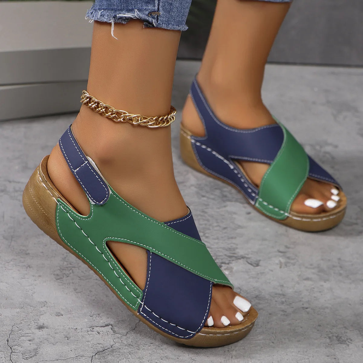 New Women's Contrast Color Wedge Sandals Summer Peep Toe Non Slip Beach Shoes Woman Comfortable Platform Roman Sandalias
