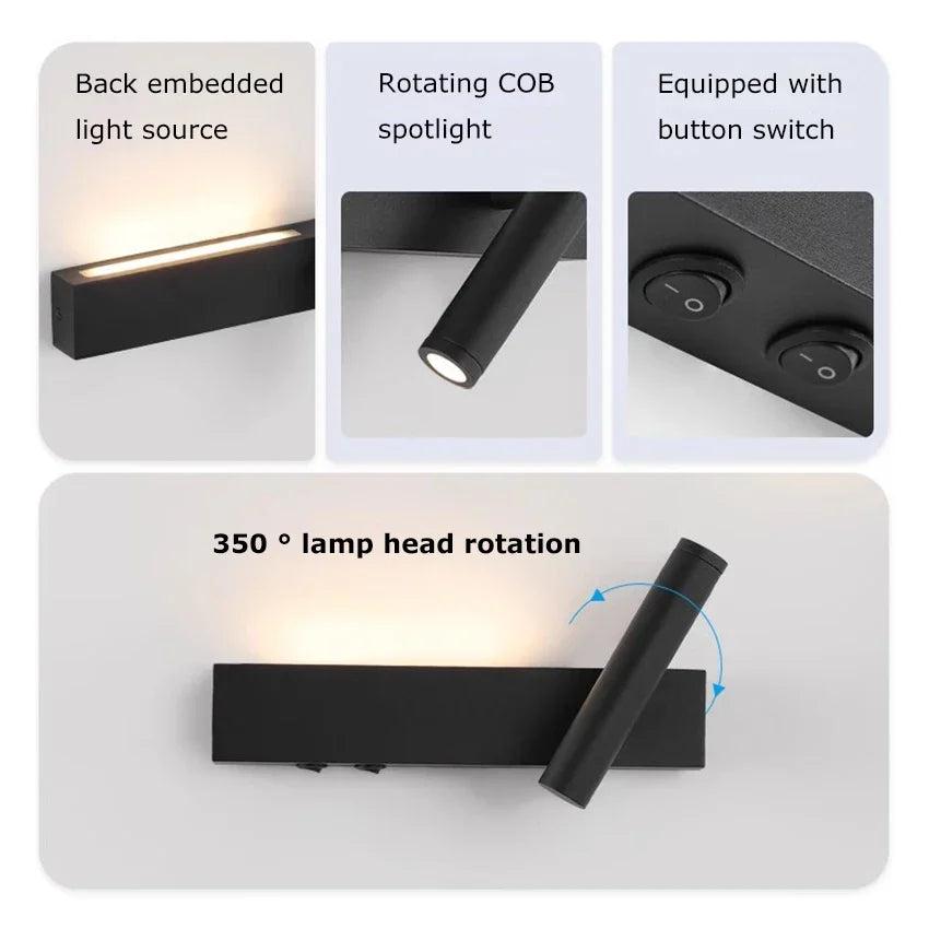 Bedroom Bedside LED Reading Wall Lamp Atmosphere Lamp Modern and Minimalist Hotel Study Living room Background Wall Sconce