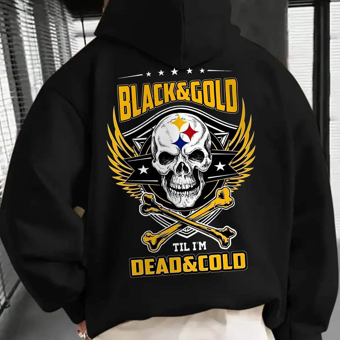 Unisex Black & Golden Steelers Graphic Hoodie Casual Cotton Long Sleeve Hooded Sweatshirt with Slight Stretch Knit Fabric