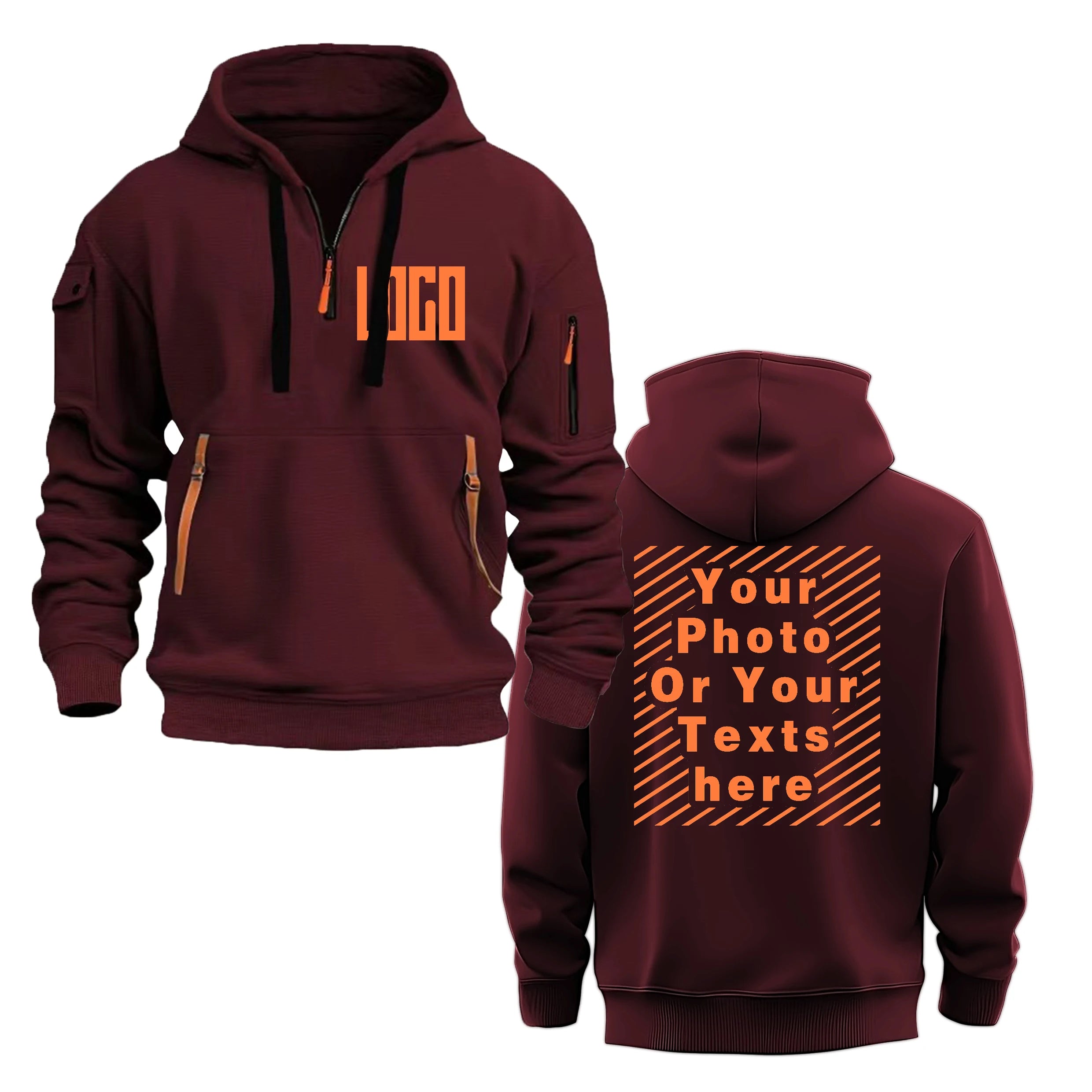 Unisex custom DIY printed hoodie, loose and casual zip-up sportswear, long-sleeved multi-pocket hoodie