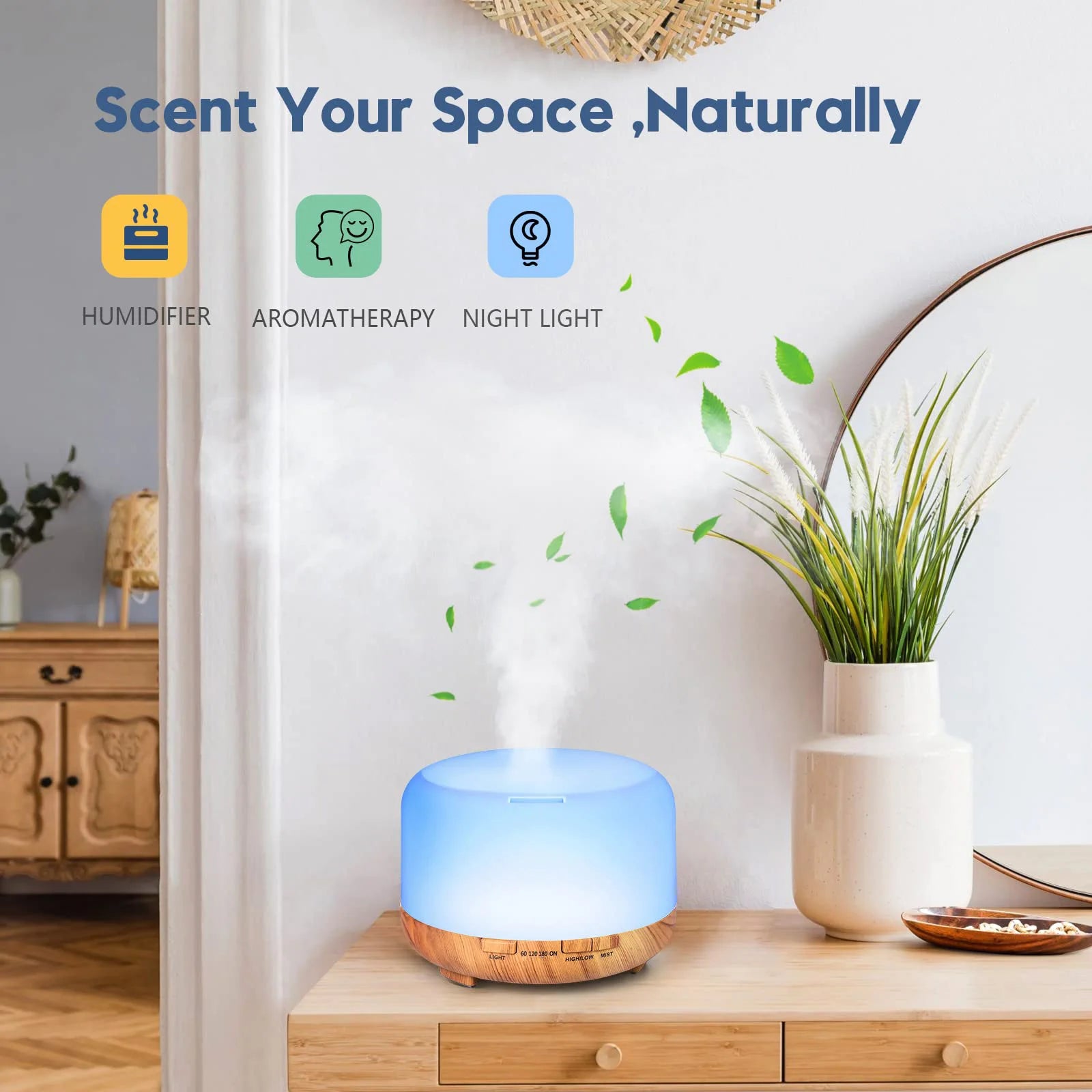 500ML Aroma Diffuser (6 Oils Optional), 5V 2A Essential Oil Aromatherapy Diffuser Humidifier with Remote Control