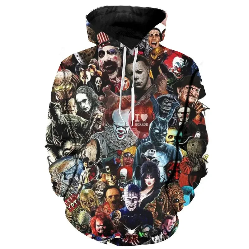 The newly arrived personalized hoodie horror movie 3D printed pullover, men's and women's casual super large cap sweatshirt, coo