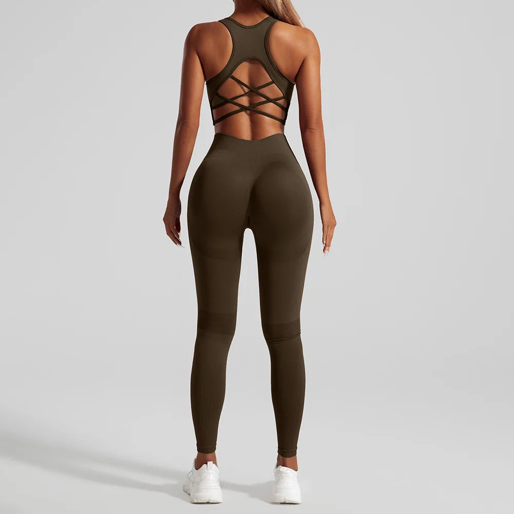 Seamless Yoga Set Two Piece Set Womens Outifits Workout Gym Set Fitness Clothing Tracksuit Backless Crop Top Leggings Sport Suit