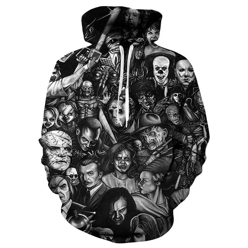The newly arrived personalized hoodie horror movie 3D printed pullover, men's and women's casual super large cap sweatshirt, coo