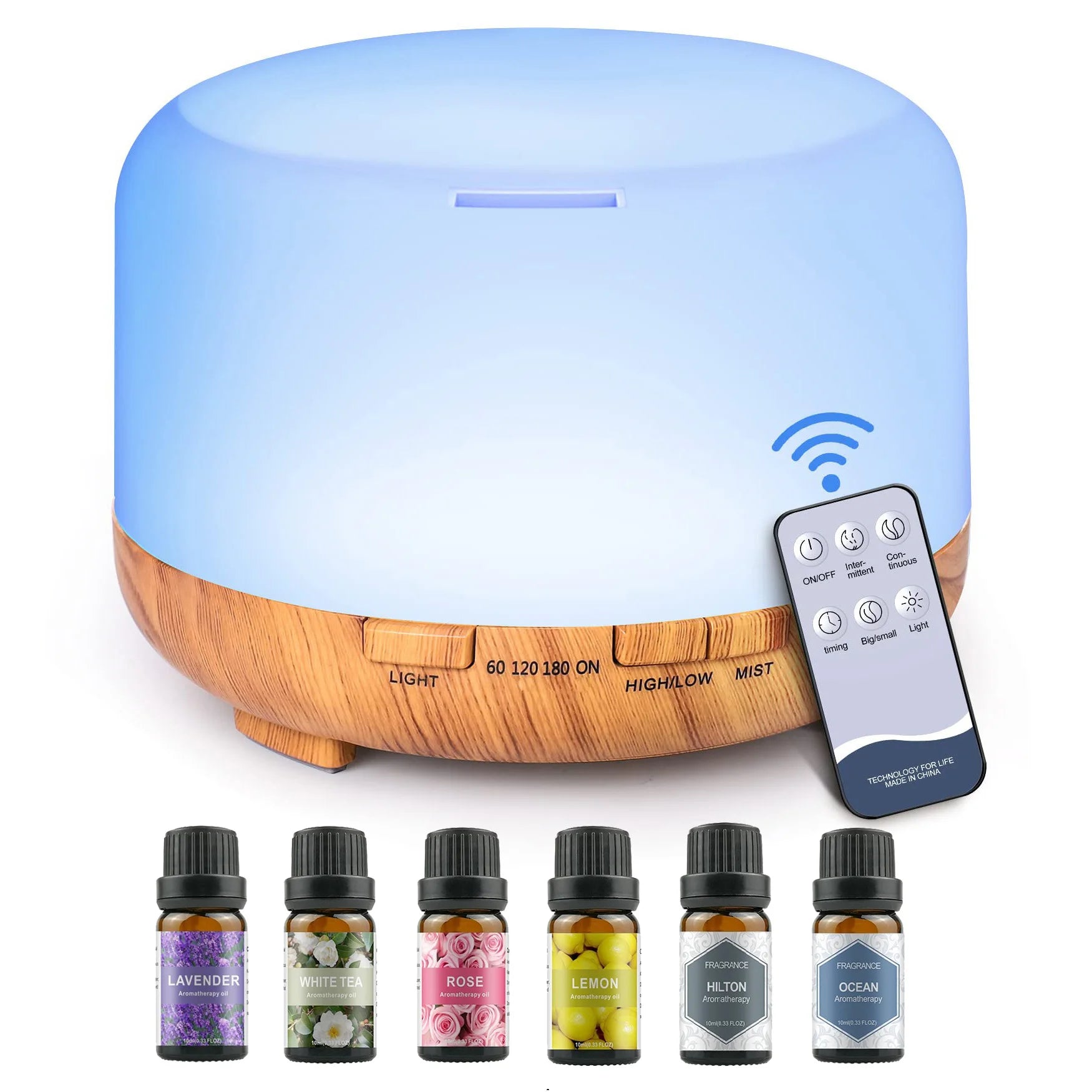 500ML Aroma Diffuser (6 Oils Optional), 5V 2A Essential Oil Aromatherapy Diffuser Humidifier with Remote Control