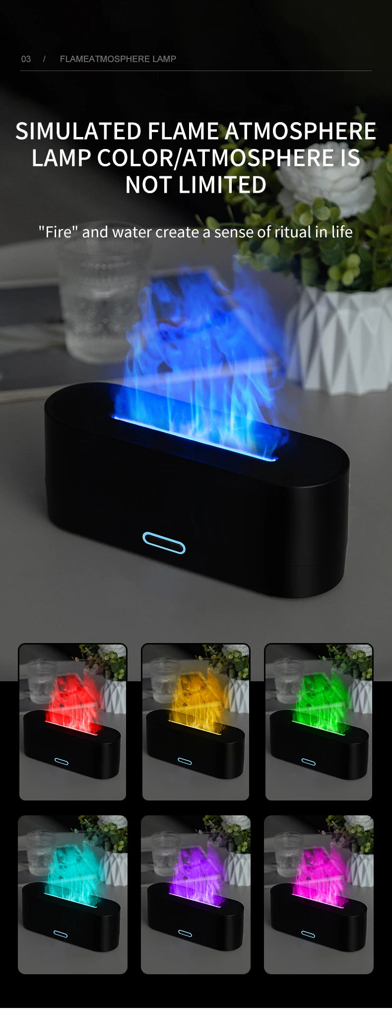 160ml Flame Diffuser Humidifier 7 Colors Light Changing Essential Oil Diffusers Aromatherapy Diffusers for Home Office Bedroom