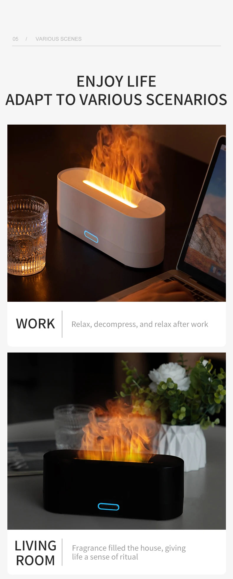 160ml Flame Diffuser Humidifier 7 Colors Light Changing Essential Oil Diffusers Aromatherapy Diffusers for Home Office Bedroom