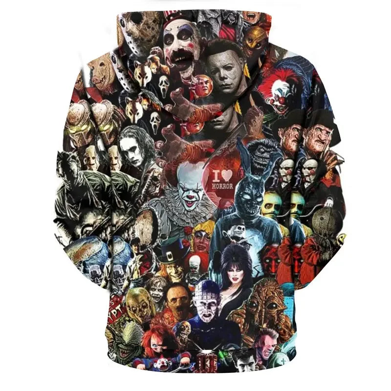 The newly arrived personalized hoodie horror movie 3D printed pullover, men's and women's casual super large cap sweatshirt, coo