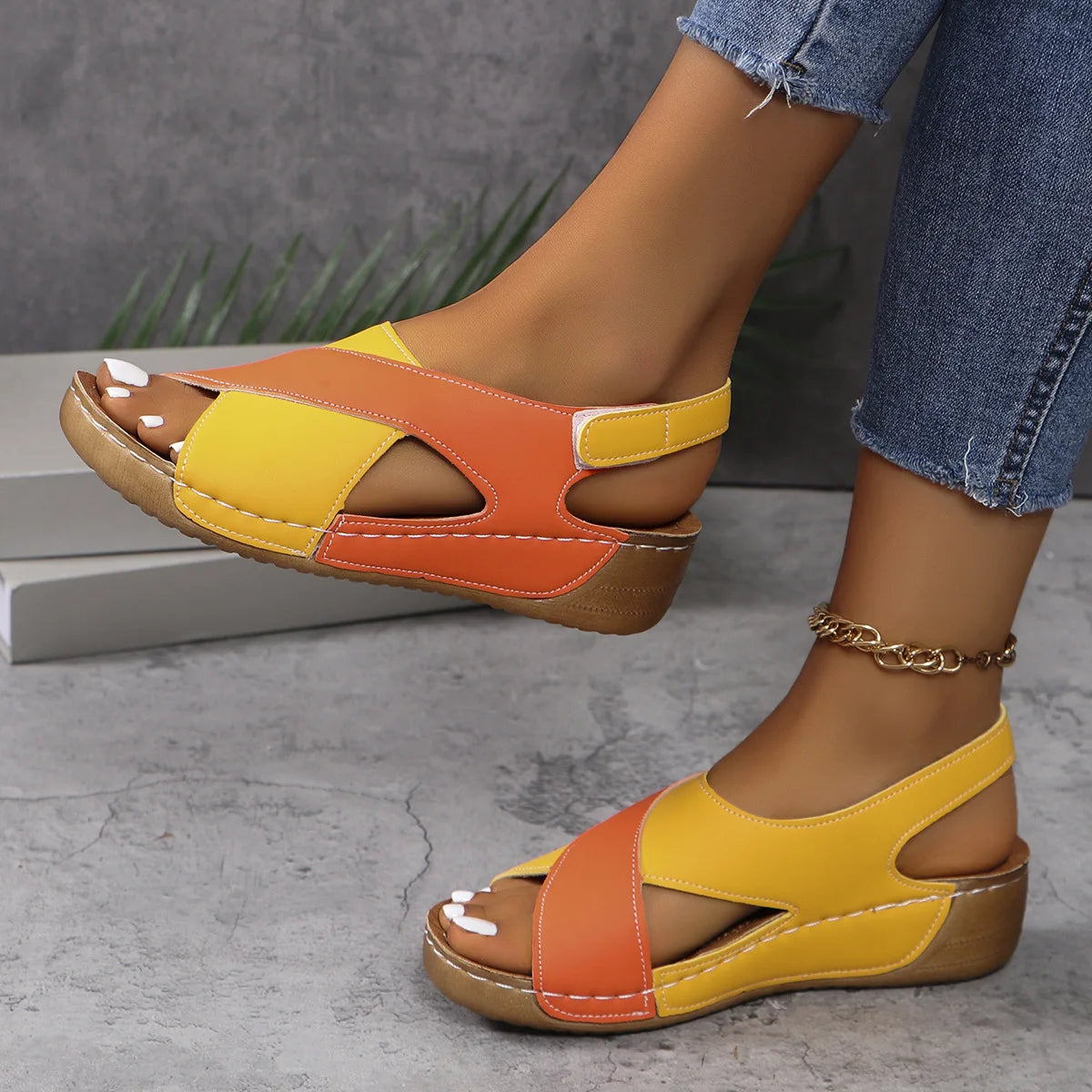 New Women's Contrast Color Wedge Sandals Summer Peep Toe Non Slip Beach Shoes Woman Comfortable Platform Roman Sandalias