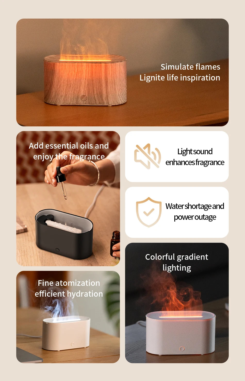 160ml Flame Diffuser Humidifier 7 Colors Light Changing Essential Oil Diffusers Aromatherapy Diffusers for Home Office Bedroom