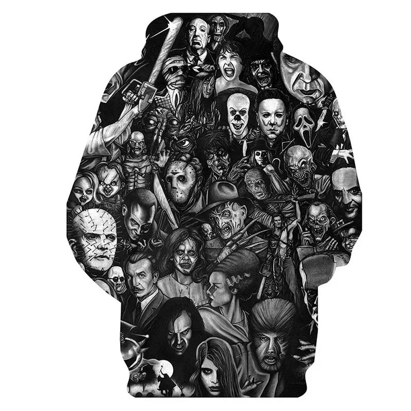 The newly arrived personalized hoodie horror movie 3D printed pullover, men's and women's casual super large cap sweatshirt, coo