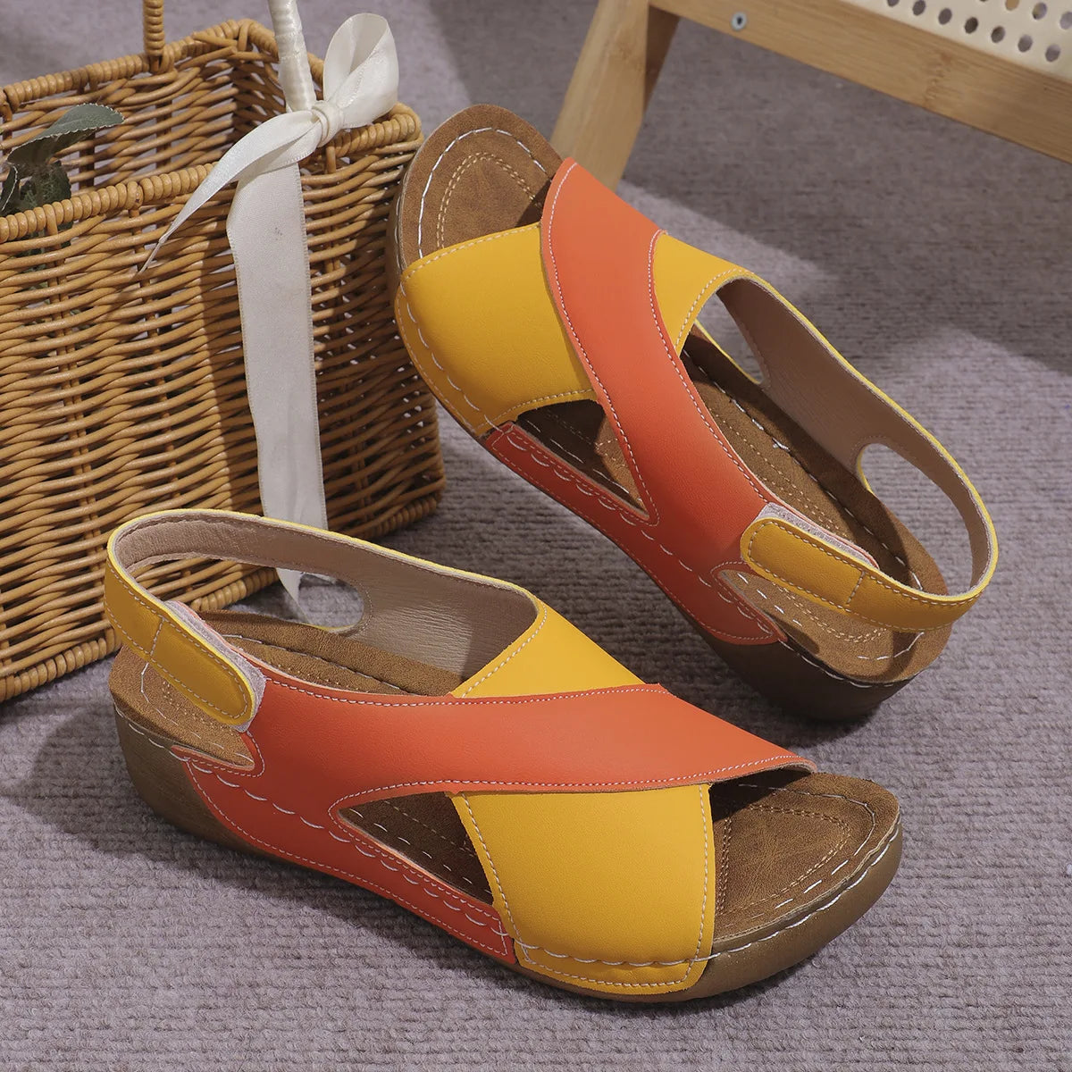 New Women's Contrast Color Wedge Sandals Summer Peep Toe Non Slip Beach Shoes Woman Comfortable Platform Roman Sandalias