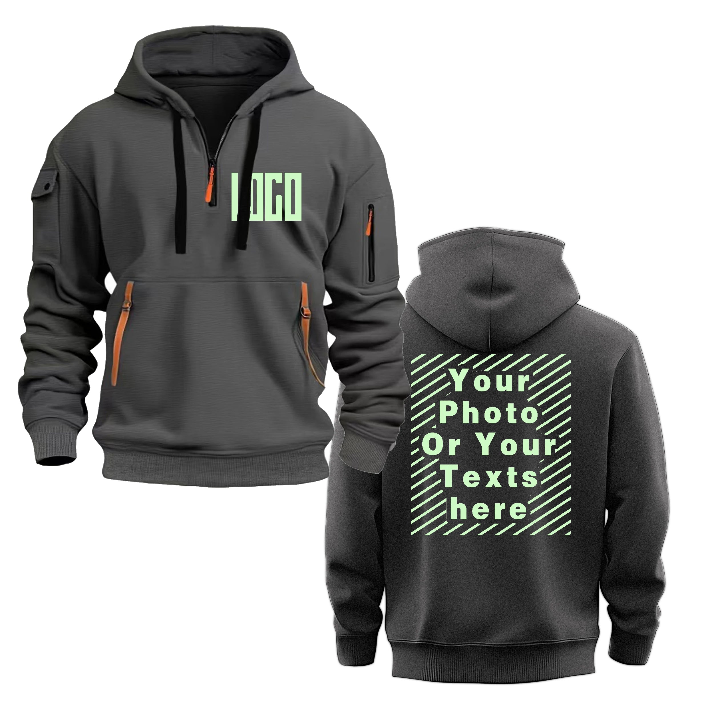 Unisex custom DIY printed hoodie, loose and casual zip-up sportswear, long-sleeved multi-pocket hoodie