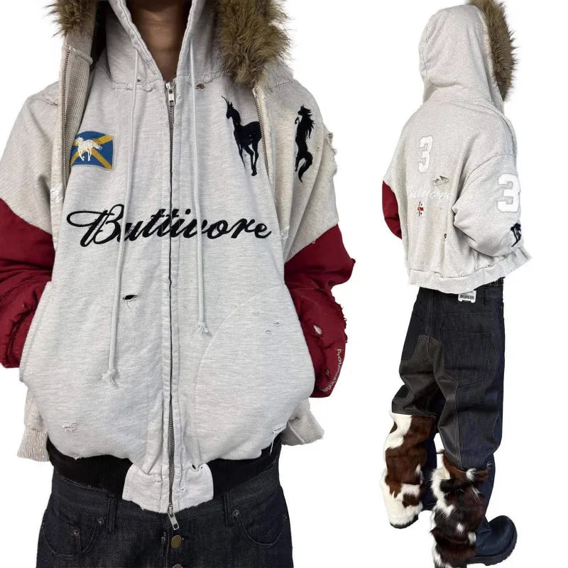 Unisex Beige & Red Distressed Zip Up Hoodie, Faux Fur Trim Horse Graphic Jacket, Y2K Streetwear Oversized Patchwork Outerwear