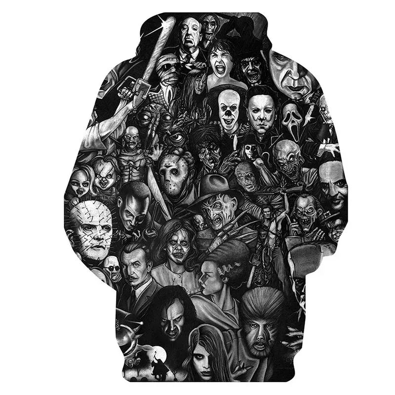 The newly arrived personalized hoodie horror movie 3D printed pullover, men's and women's casual super large cap sweatshirt, coo
